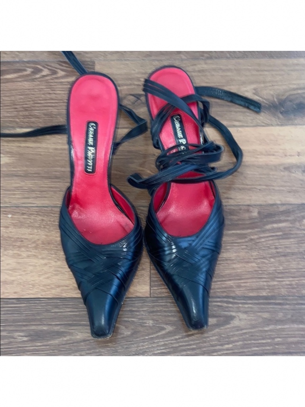 Vintage Cesare Paciotti Black Strappy Heels with Red Insole
